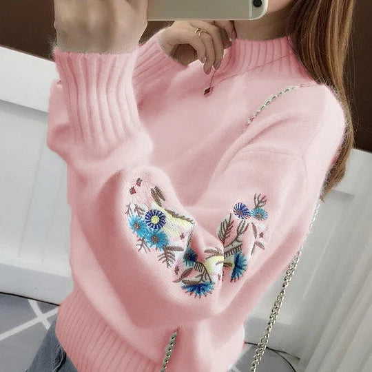 Women's Cashmere Half-Turtleneck Embroidered Knit Sweater