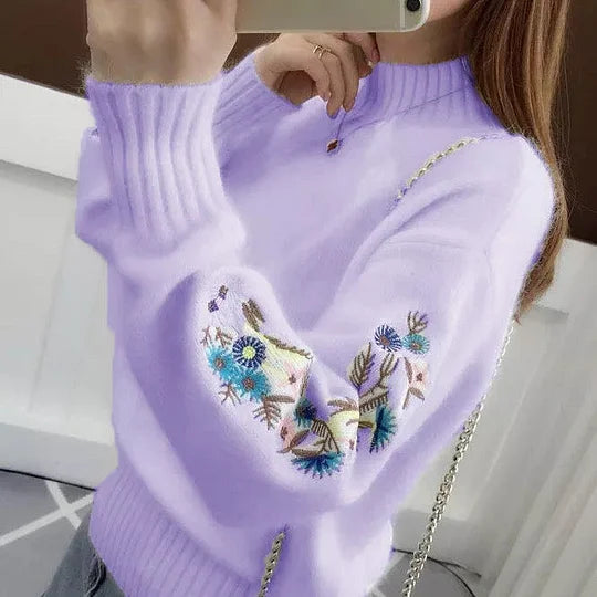 Women's Cashmere Half-Turtleneck Embroidered Knit Sweater
