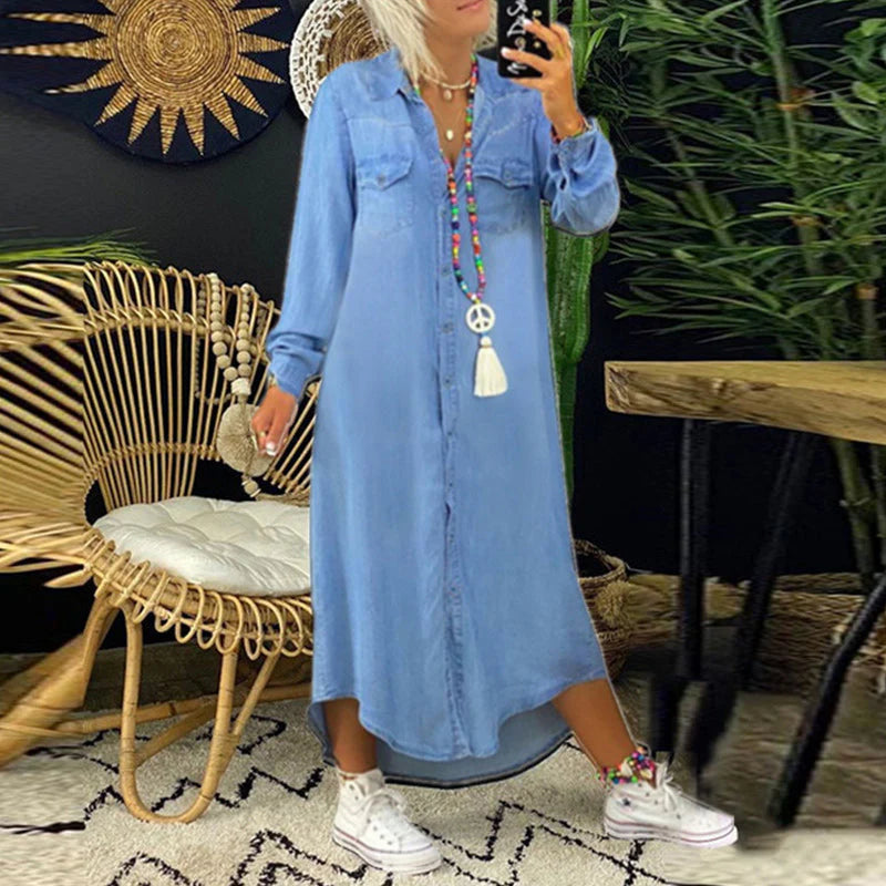 Ines - Long Sleeve Maxi Dress in Denim
