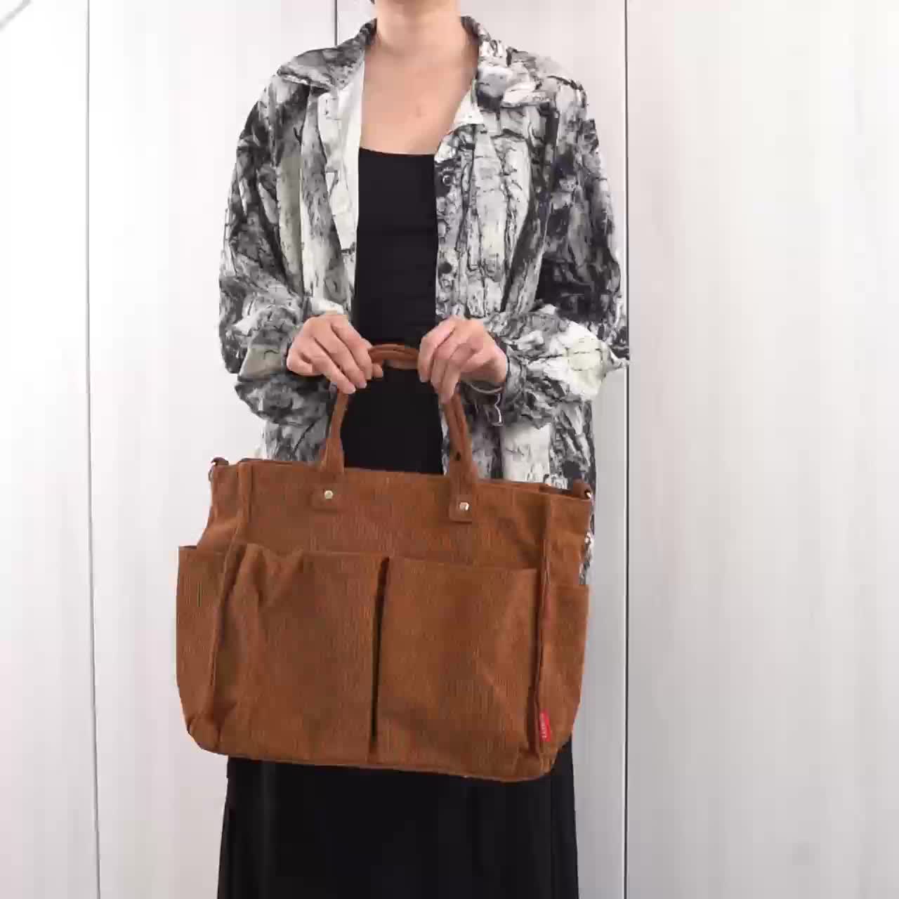 Corduroy Tote Bag with Pockets