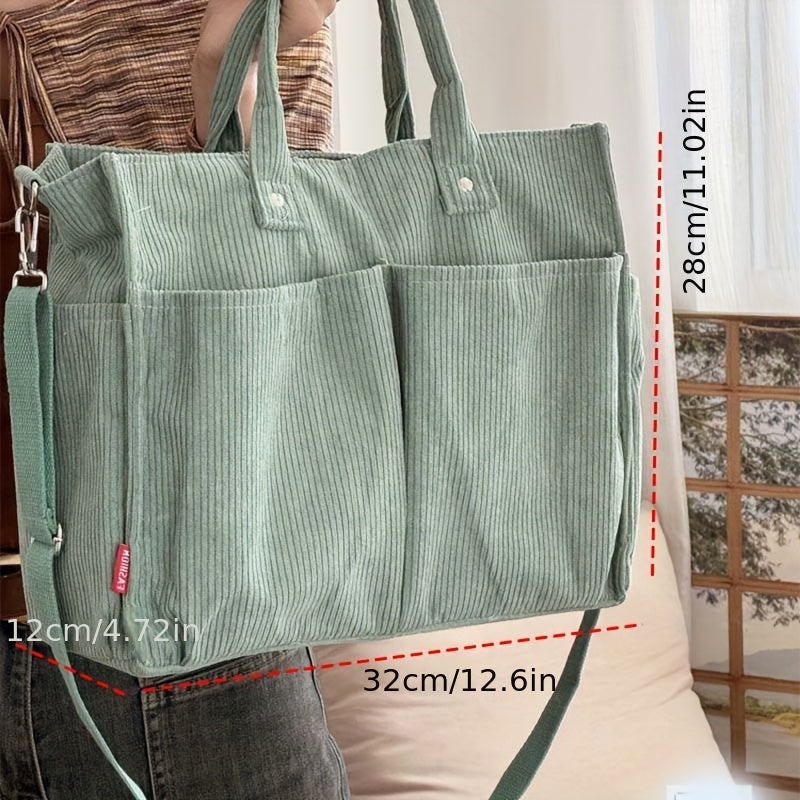 Corduroy Tote Bag with Pockets