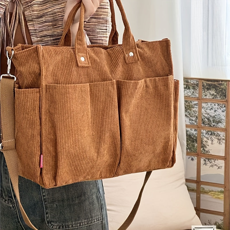 Corduroy Tote Bag with Pockets