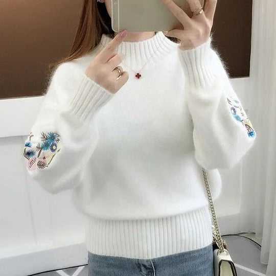 Women's Cashmere Half-Turtleneck Embroidered Knit Sweater