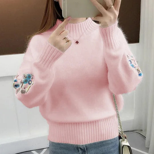 Women's Cashmere Half-Turtleneck Embroidered Knit Sweater