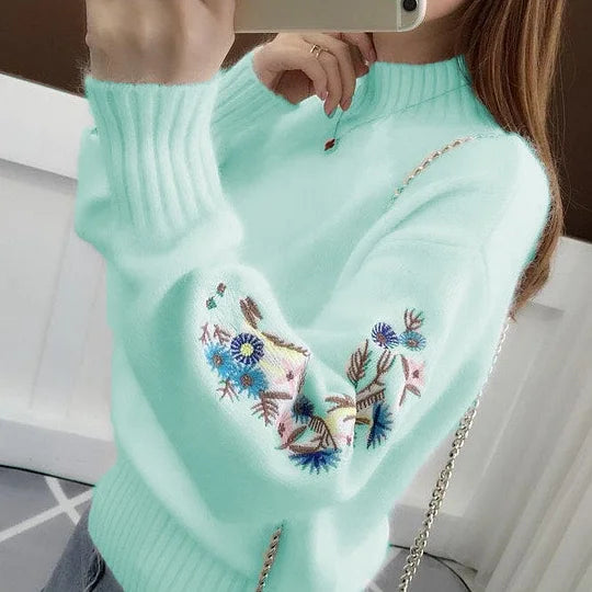 Women's Cashmere Half-Turtleneck Embroidered Knit Sweater