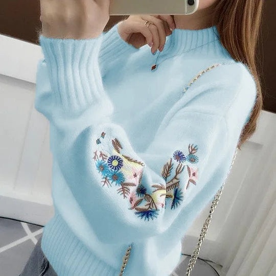 Women's Cashmere Half-Turtleneck Embroidered Knit Sweater