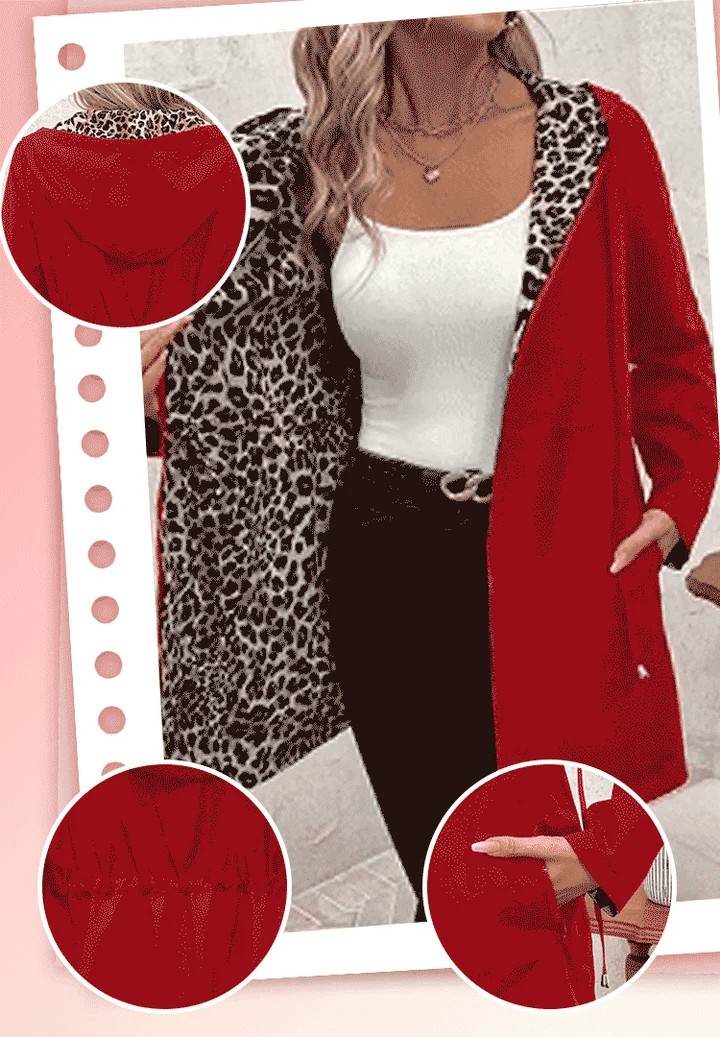 Reversible hooded coat with leopard print