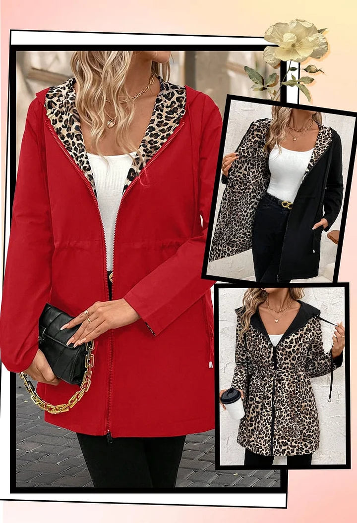 Reversible hooded coat with leopard print