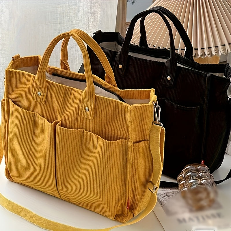 Corduroy Tote Bag with Pockets