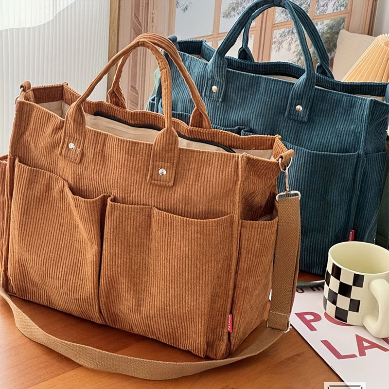 Corduroy Tote Bag with Pockets