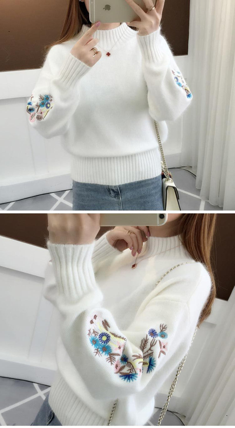 Women's Cashmere Half-Turtleneck Embroidered Knit Sweater