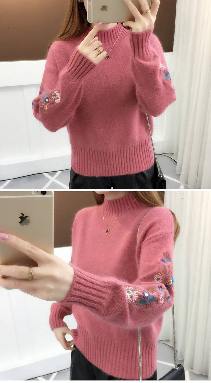 Women's Cashmere Half-Turtleneck Embroidered Knit Sweater