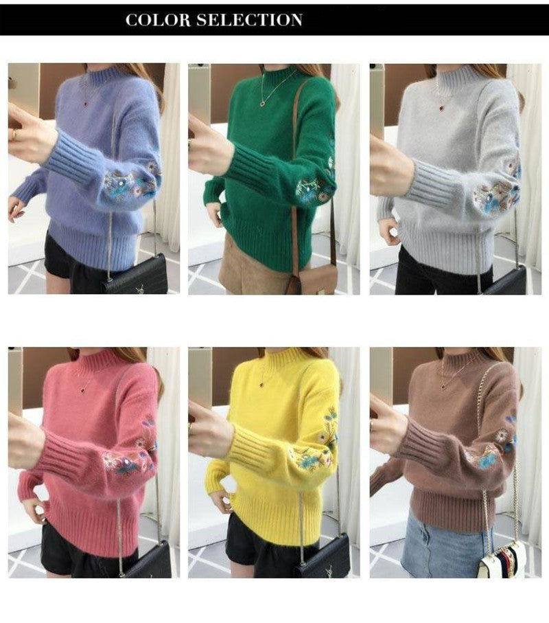 Women's Cashmere Half-Turtleneck Embroidered Knit Sweater
