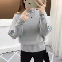 Women's Cashmere Half-Turtleneck Embroidered Knit Sweater