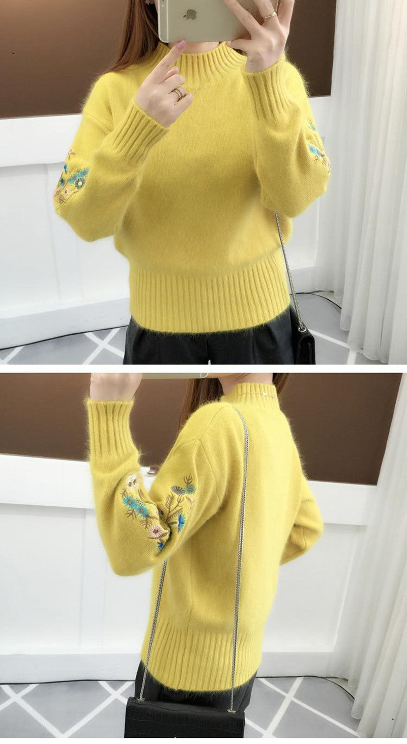 Women's Cashmere Half-Turtleneck Embroidered Knit Sweater