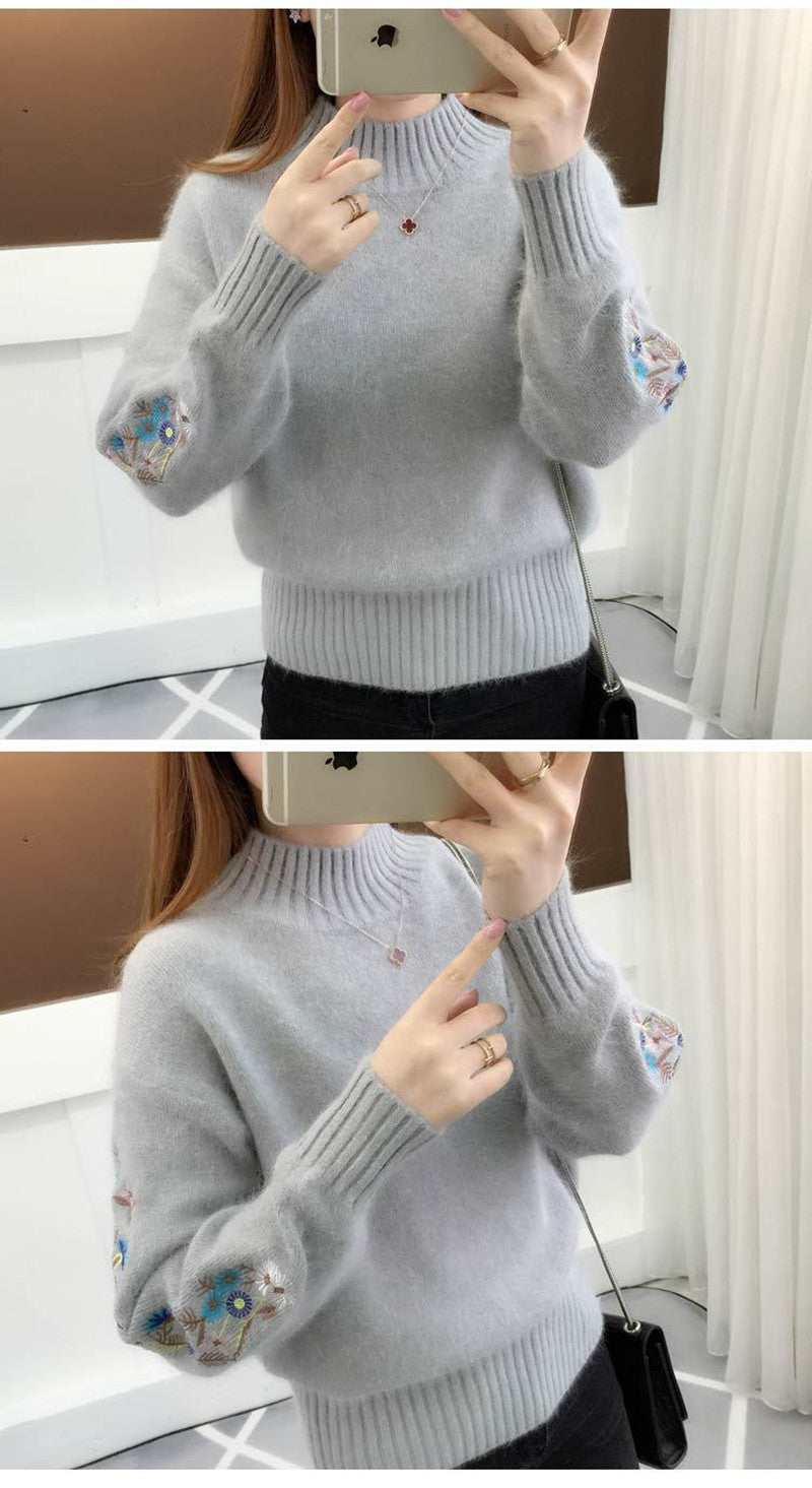 Women's Cashmere Half-Turtleneck Embroidered Knit Sweater