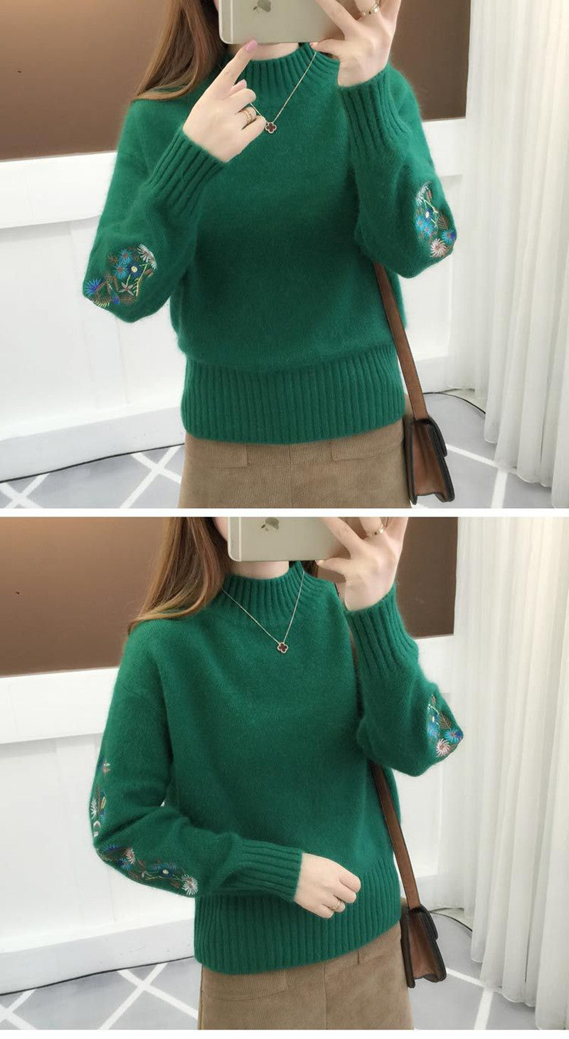 Women's Cashmere Half-Turtleneck Embroidered Knit Sweater