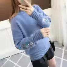 Women's Cashmere Half-Turtleneck Embroidered Knit Sweater