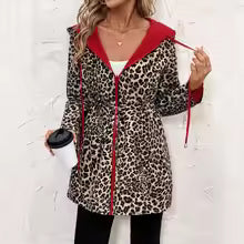 Reversible hooded coat with leopard print