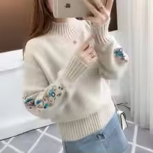 Women's Cashmere Half-Turtleneck Embroidered Knit Sweater