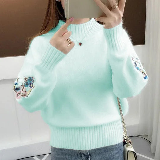 Women's Cashmere Half-Turtleneck Embroidered Knit Sweater