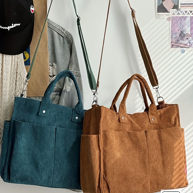 Corduroy Tote Bag with Pockets