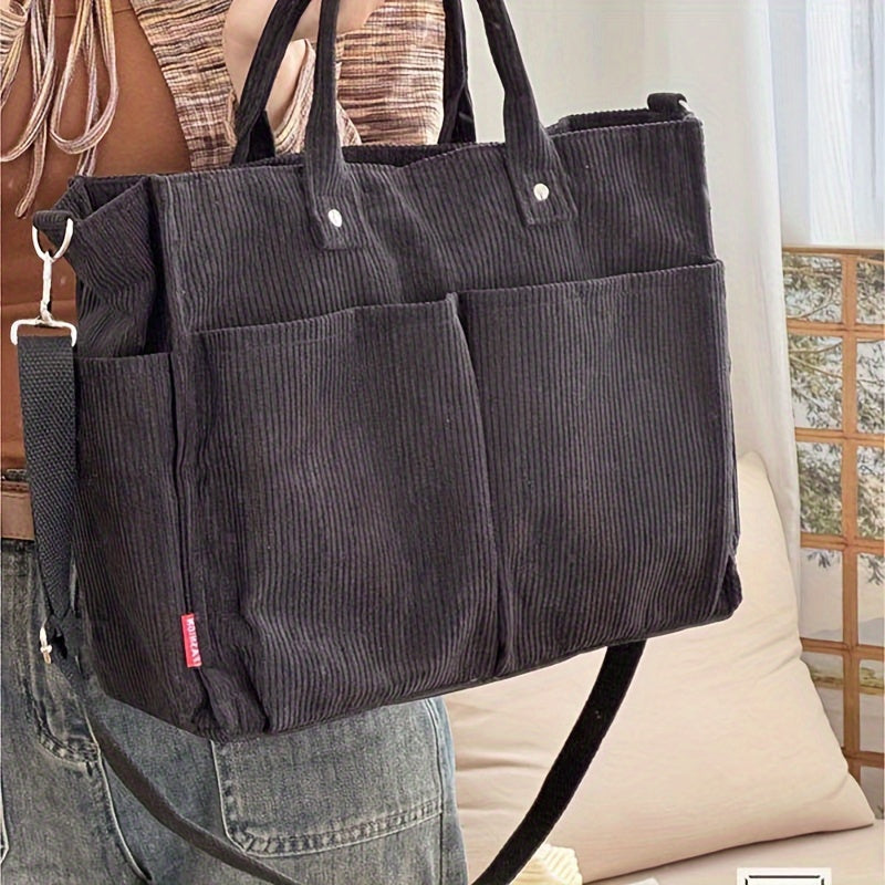 Corduroy Tote Bag with Pockets