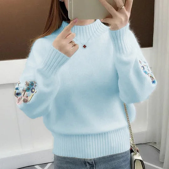 Women's Cashmere Half-Turtleneck Embroidered Knit Sweater