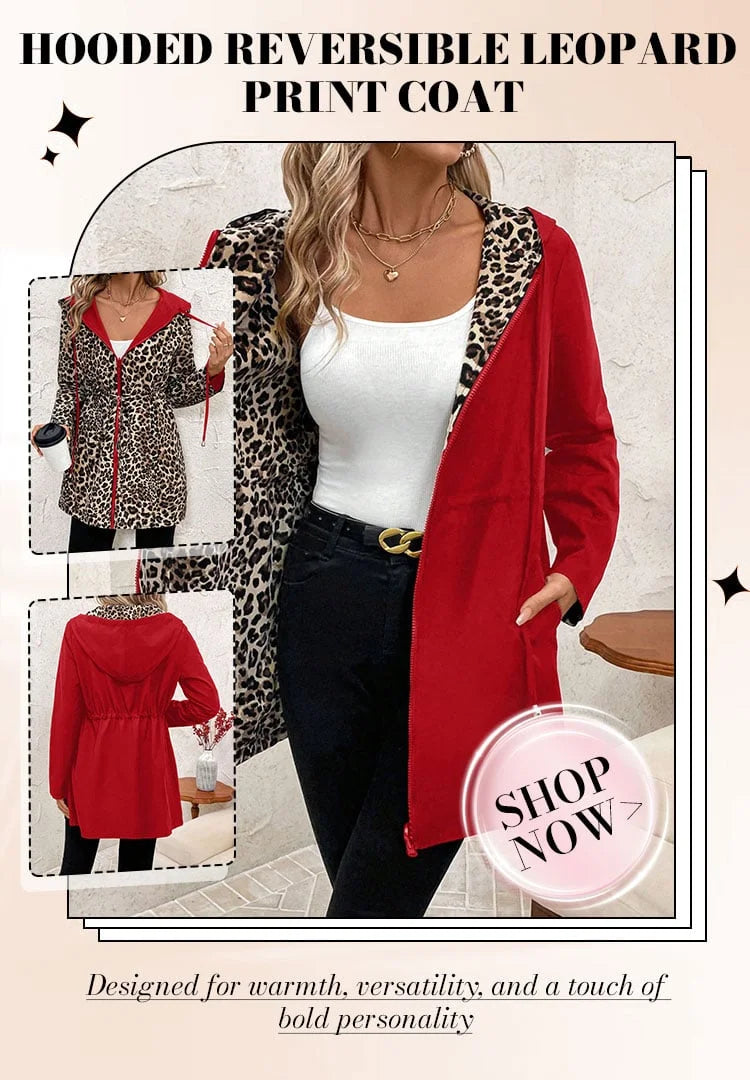 Reversible hooded coat with leopard print