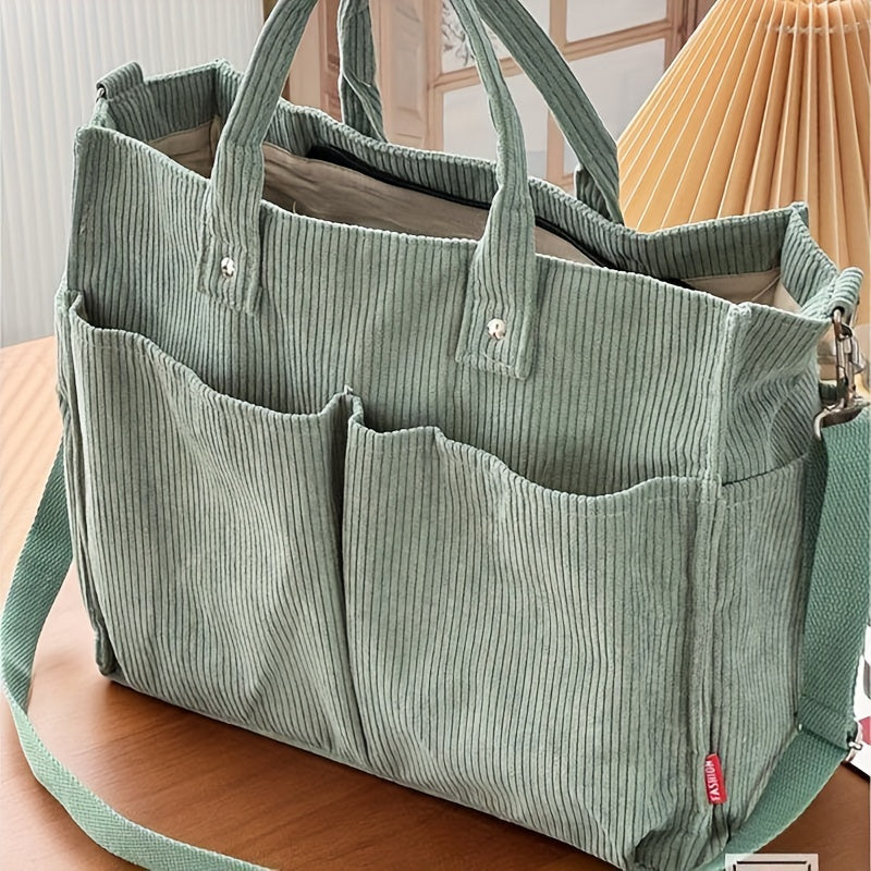 Corduroy Tote Bag with Pockets