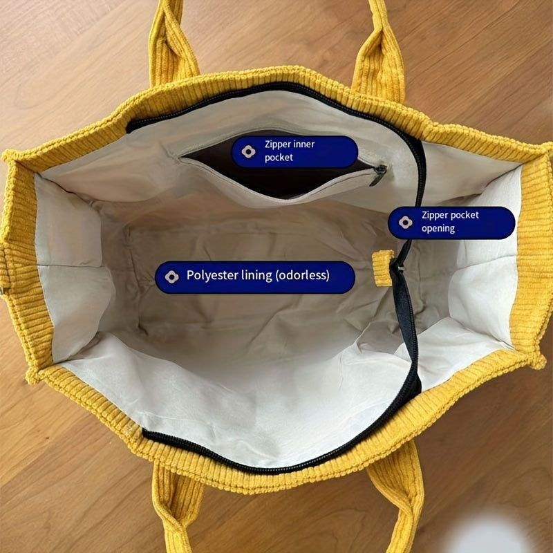 Corduroy Tote Bag with Pockets