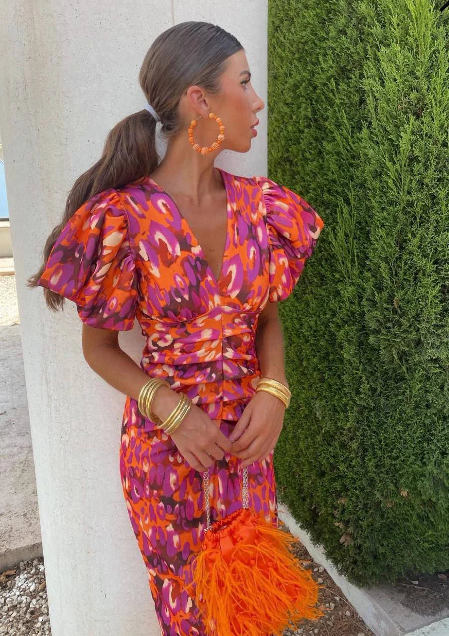 Arielle™ | Colorful Midi Dress with Pleated Sleeves