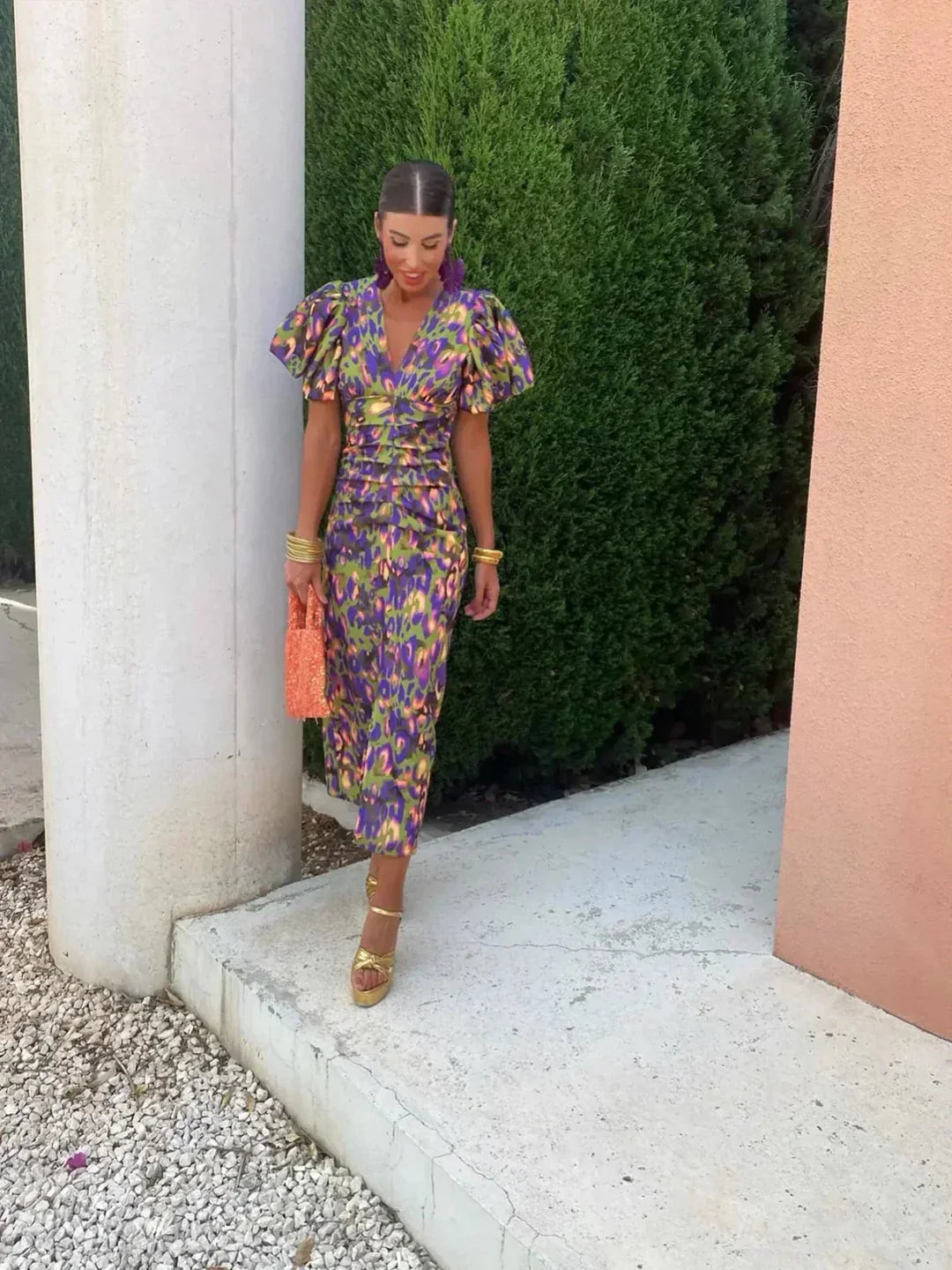 Arielle™ | Colorful Midi Dress with Pleated Sleeves