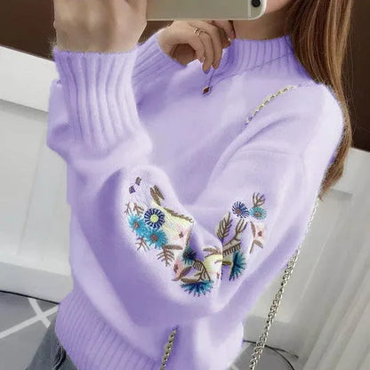 Women's Cashmere Half-Turtleneck Embroidered Knit Sweater