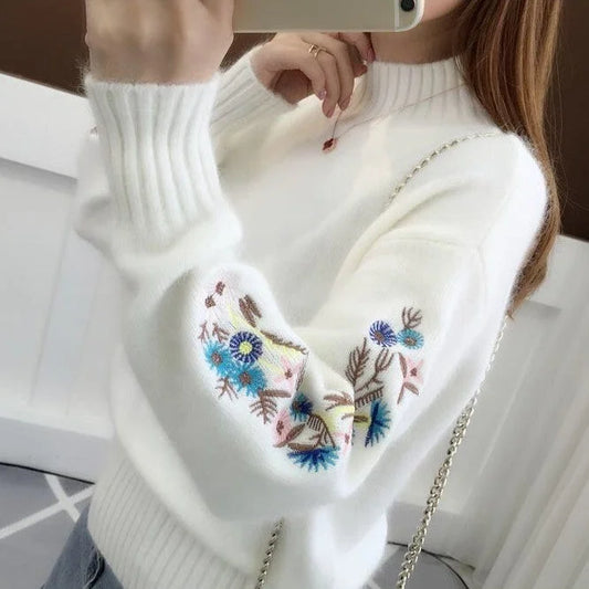 Women's Cashmere Half-Turtleneck Embroidered Knit Sweater