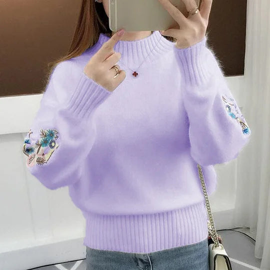 Women's Cashmere Half-Turtleneck Embroidered Knit Sweater