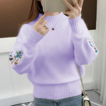 Women's Cashmere Half-Turtleneck Embroidered Knit Sweater