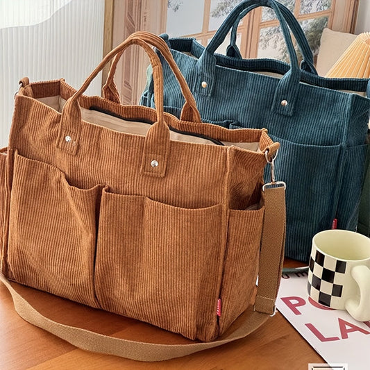 Corduroy Tote Bag with Pockets