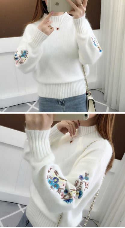 Women's Cashmere Half-Turtleneck Embroidered Knit Sweater