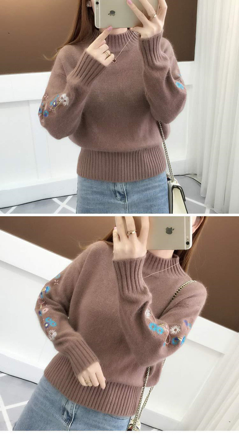 Women's Cashmere Half-Turtleneck Embroidered Knit Sweater