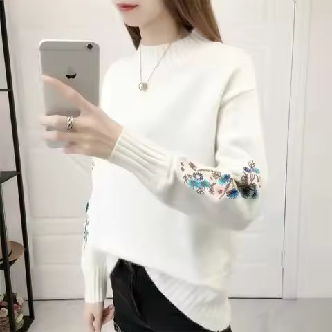 Women's Cashmere Half-Turtleneck Embroidered Knit Sweater