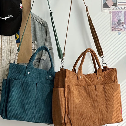Corduroy Tote Bag with Pockets