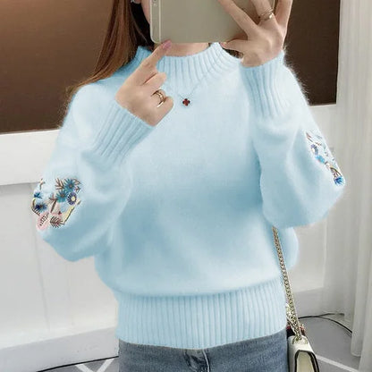 Women's Cashmere Half-Turtleneck Embroidered Knit Sweater