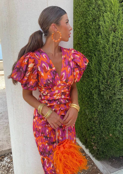 Arielle™ | Colorful Midi Dress with Pleated Sleeves