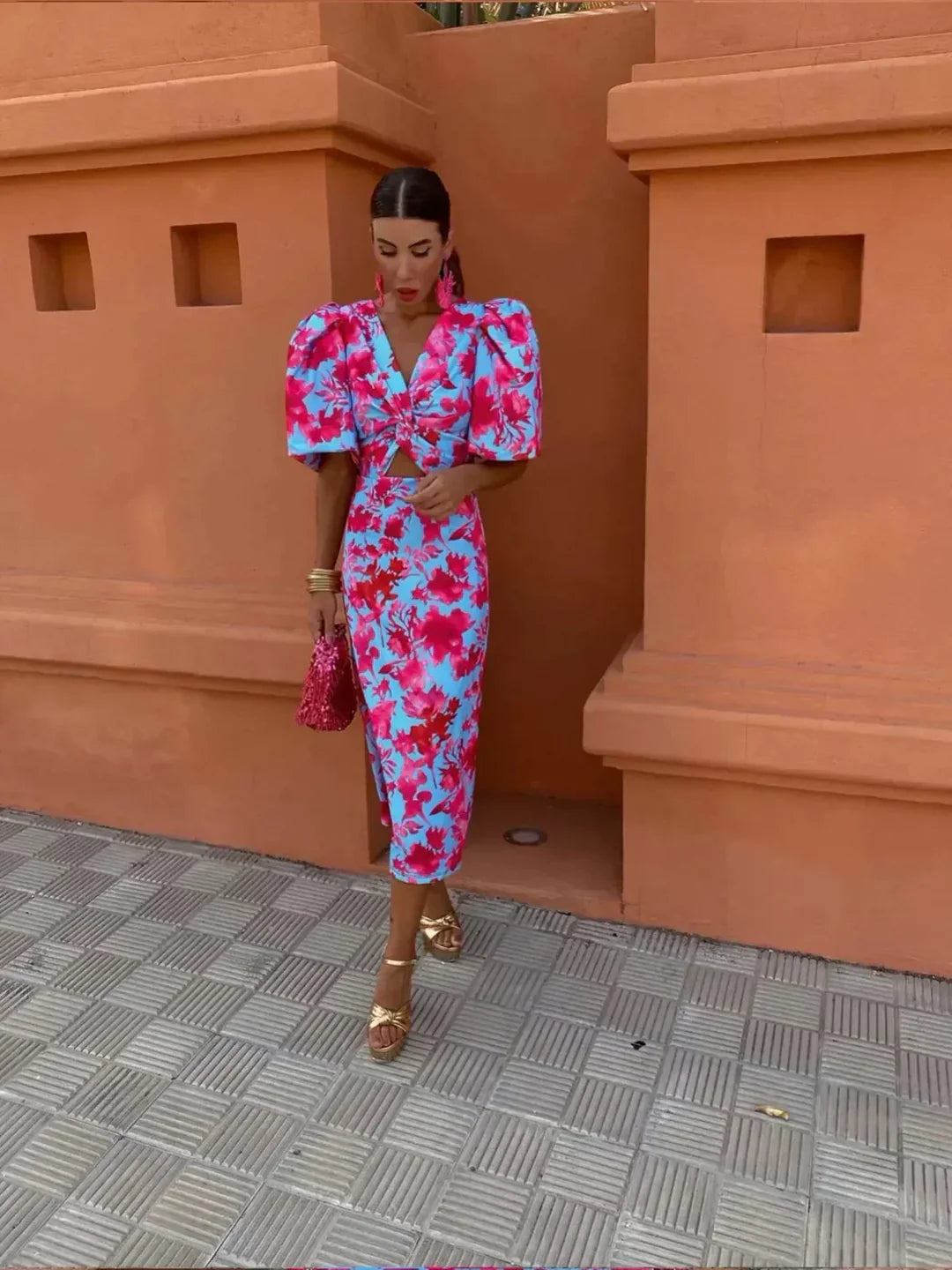 Arielle™ | Colorful Midi Dress with Pleated Sleeves